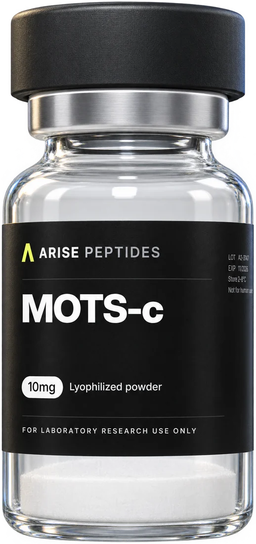 MOTS-c 10mg research peptide vial, grey cap and black label