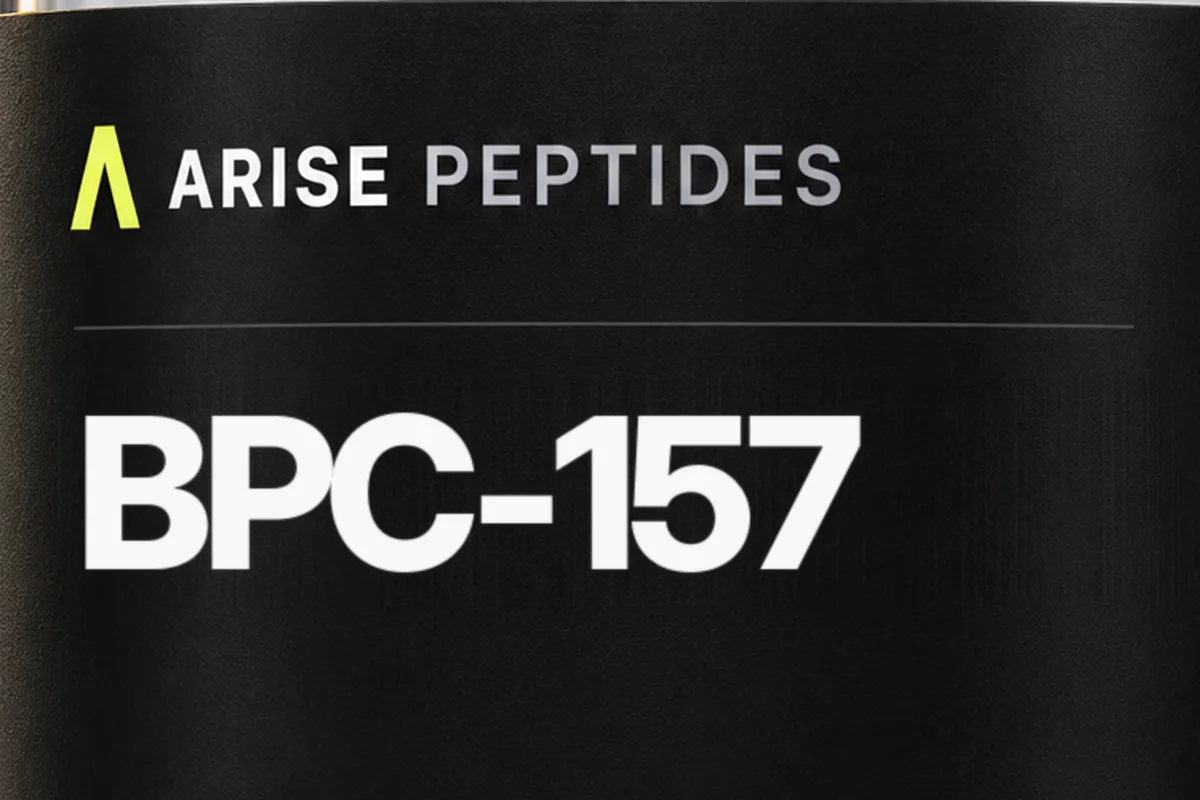Close-up of an ArisePeptides BPC-157 vial label